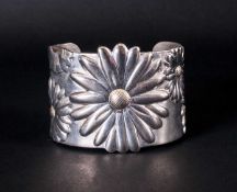 Tiffany & Co Large Silver Daisy Cuff Bangle, with 18ct Gold Overlay To Centre of Daisy, Marked