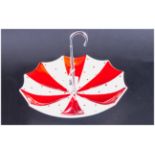 Midwinter Umbrella Cake Dish decorated in red, handle in crowned metal. 8'' in diameter.