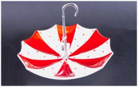 Midwinter Umbrella Cake Dish decorated in red, handle in crowned metal. 8'' in diameter.