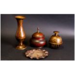 Four Pieces Of Islamic Engraved And Enamelled Brass Items, bell, lidded jar, vase & brass dish.