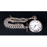 Waltham Silver Open Faced Pocket Watch Attached To A Heavy Double Silver Albert Chain all links