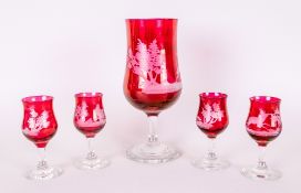 Mary Gregory Style Cranberry Glass Set of 5 Drinking Glasses. The Tallest 6.75 Inches. All Glasses