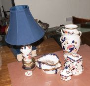 Collection Of Mason Mandalay Pattern Ceramics including lamp & shade, lidded jar, fruit dishes,