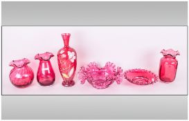 Collection of 6 Ruby Glass Items, Comprising of 4 Vases, One Enamel Decorated and two Wavy Top