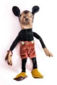 1930's Walt Disney Mickey Mouse Felt Toy, Well Loved with Signs of Wear, Original Leather Clad Feet.