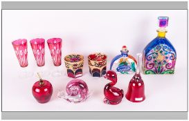 Collection of Coloured Glass Ware (11) pieces in total comprising two enamel decanters, three Ruby