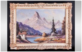 O'Melier Mid 20th Century Austrian Artist Verwall Alps In Distance cabins on a river bank. Oil on