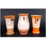 Crown Ducal Vases, 3 in total. 'Stitch Patch' Pattern Number 3274. Vertical stripes enamelled in