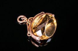 Edwardian Large 9ct Gold Swivel Fob with Large Faceted Citrine, Marked 9.375. 1.5 Inches Wide.