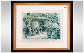 Sturgeon Signed Print Depicting Barrel Makers 13x9.5'' Framed & Behind Glass