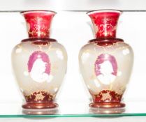 A Pair Of Impressive Bohemian Portrait Ruby & Cameo Glass Vases, Circa 1880's with gold overlay.