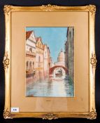 Smythe Watercolour Titled 'Venice' Signed & titled. Mounted & Framed. Behind Glass. 13.5x9.5''