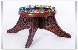 WITHDRAWN //  Victorian Carved Oak Glass Marble Game Stand of Unusual Form. Supported on Four Carved