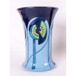 Moorcroft Tube Lined Stylized Art Studio Vase 'Cinco' Design On Blue By Nicola slaney Issued 2013.