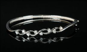 18ct White Gold Diamond Bangle, The Front Set With Eight Round Modern Brilliant Cut Diamonds, Hinged