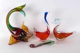 Four Murano Blown Glass Coloured Figurines, Large Fish 12 Inches High, Duck 10 Inches High, Goose