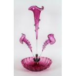 Victorian - 3 Horn Cranberry Glass Epergne. c.1870. The Trumpet Forms Having Applied Clear Glass