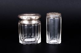 Ladies Edwardian Silver Topped and Glass Pin Jars ( 2 ) In Total. Hallmarks Birmingham 1908 &