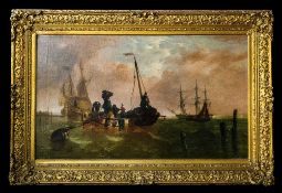 Large French or Dutch Oil on Canvas Depicting a Small Vessel with Figures Sailing Out to Larger