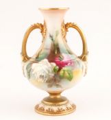 Royal Worcester Handpainted Twin Handle Vase, Still Life 'Roses' Date 1910. Shape 2021. Height 5.