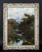 Oil on Canvas Landscape Scene, Mountain and River, Bridge Crossing. Signed A. St.Clare. In White