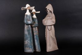 Lladro Gres Figure of a Couple of Nuns. Model Num.2075. Issued 1977, Height 13.75 Inches. Mint