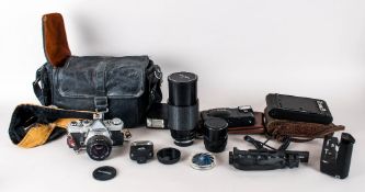 Collection Of Cameras & Camera Equipment Including Olympus OM-1n 35mm SLR film camera with Hoya 49mm