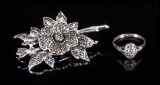 1920's Silver and Marcasite Set Brooch. Flower Design, Marked Silver, 2.25 Inches High. With