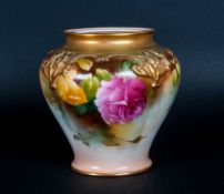 Royal Worcester Hand Painted Vase ' Roses ' Stillife. Date 1906. 3.75 Inches High. Hairline From Top