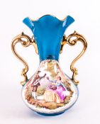 Limoges Turquoise Vase with figures in classical garden setting. 8'' in height.