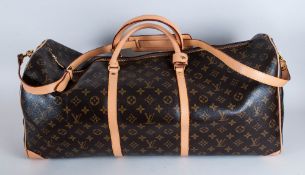 Designer Style Large Holdall, initialled brown fabric with cafe-au-lait padded handles, long