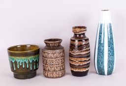 Four Various West German Pottery Items Comprising two brown based vases, a white glazed vase with