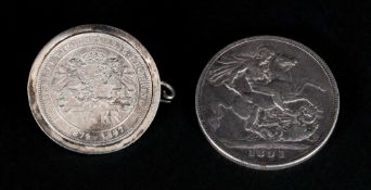 English / Victoria Silver Crown Date 1891. Swedish King Oscar II Silver Mounted Coin.