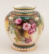 Royal Worcester Hand Painted Globual Shaped Vase With Reticulated Neck, Roses Still Life. Date 1905.