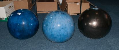 Three Glazed Ceramic Spheres Suitable for garden feature. 2 blue glazed & 1 copper glazed.