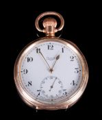Antique Limit Gold Plated Open Faced Pocket Watch with White Porcelain Dial and Secondary Dial.
