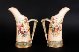 Royal Worcester Blush Ivory Pair of Floral Ewers, The Handles In The Form of Naturalistic