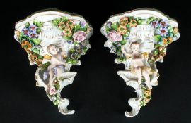 Sitzendorf Porcelain Pair Of Fine Wall Brackets, Having applied floral decoration, gilt highlights &