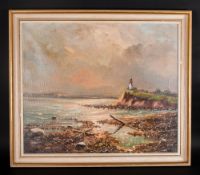 Oil on Canvas of a Lighthouse on a Coastal Setting - Indistinctly Signed and Framed. Size 25 x 30