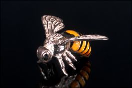 A Vintage and Realistic Silver and Enamel Bumble Bee Figure. Marked 925, 1.5 Inches Diameter.