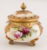 Royal Worcester Hand Painted Lidded Three Footed Bowl, 'Roses' Date 1912. Shape 183. Excellent