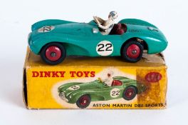 Dinky Toys No 110 Aston Martin DB3 Sports Car - green, red interior and ridged hubs, driver