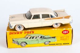 Dinky Toys No 191 Dodge Royal Sedan Diecast Model. Cream Body With Brown Flash And Spun Hubs. Red