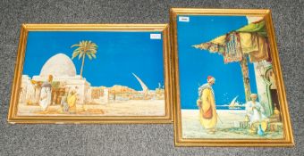 Two Colourful Middle Eastern Prints circ 1930's. One titled 'An Oriental Bazaar', The other 'An