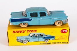 Dinky Toys No 179 Studebaker President Sedan Diecast Model. Pale Blue Body With Blue Stripe, Cream