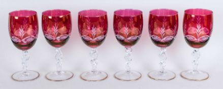 Murano Set of Six Fine Ruby Wine Glasses with Twisted Stems and Etched Decoration to Bowls. Each
