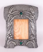 Art Nouveau Large Pewter Photo Frame, Inset with Green Stone Roundel's. A.F Condition. Stands 17