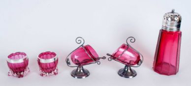 A Victorian Pair of Silver Banded Cranberry Glass Salts. Hallmark London 1893. Each 2 Inches