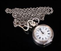 Swiss Ladies Silver Cased Ornate Dial Small Key wind Pocket Watch and Long Chain. c.1920's.