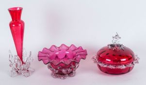 Victorian Cranberry Glass Sweetmeat Dish and Cover, With Applied Pluned Crystal to Cover and